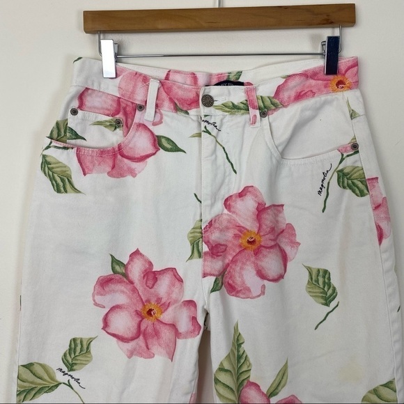VINTAGE BILL BLASS Easy Fit High Waisted Cropped Mom Jeans White Floral 80s 90s - Picture 2 of 9
